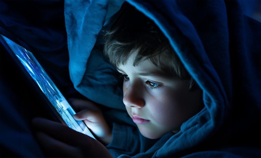 kid watching mobile in night