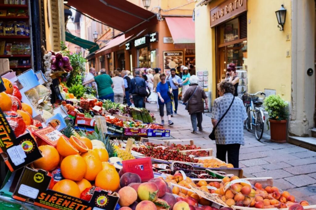 Bustling market of Quadrilatero Bologna