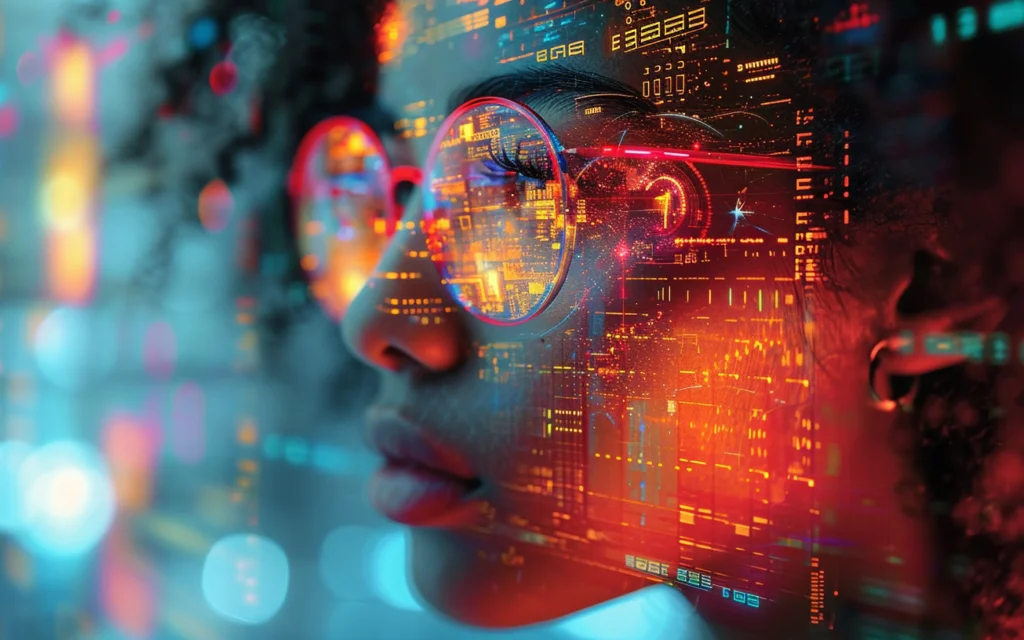 lady ogling screen full of data