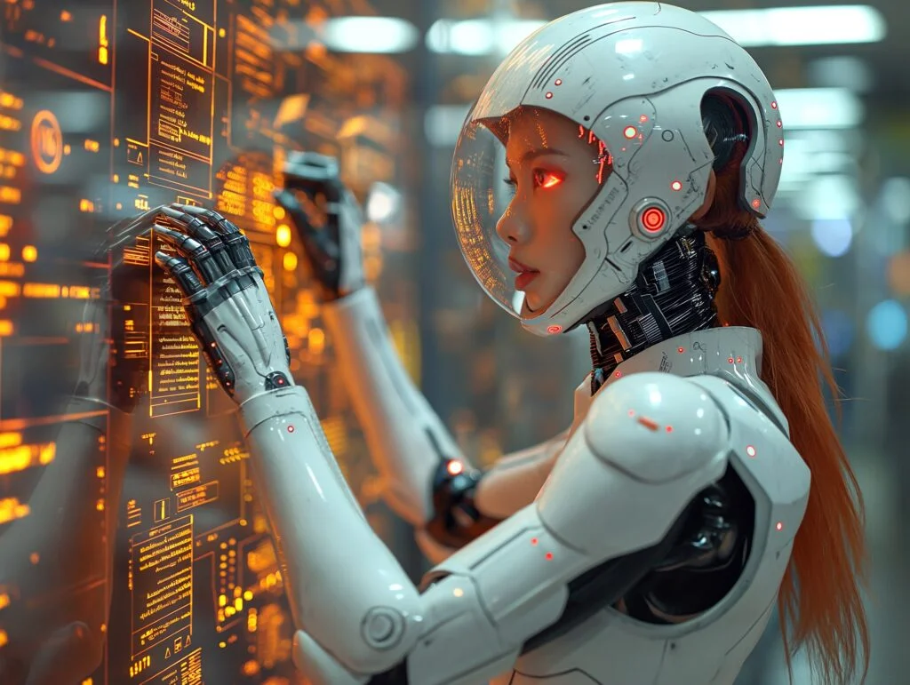 cyborg lady working a digital panel