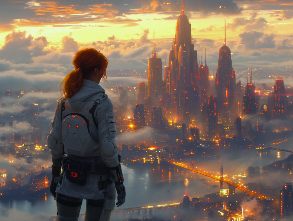 futuristic lady looking over a cyber city