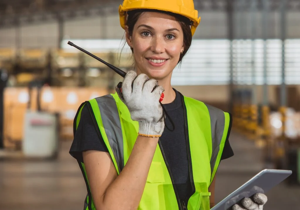 woman speaking in handheld walky